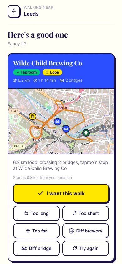 Walk card for Leeds showing a 6.2 kilometre loop with two bridges, a route map and buttons to accept or reroll