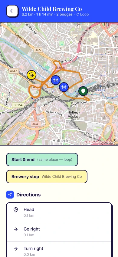 Accepted walk with the full route on a map and the start of the turn by turn directions