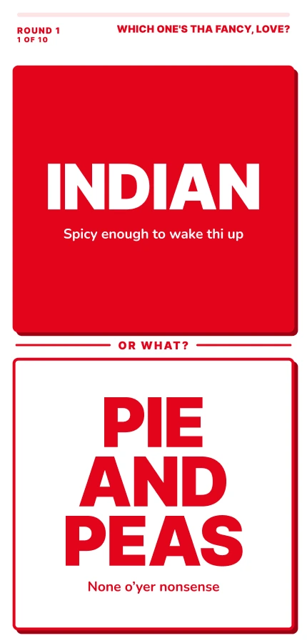 Round 1 of 10 asking Indian against Pie and peas