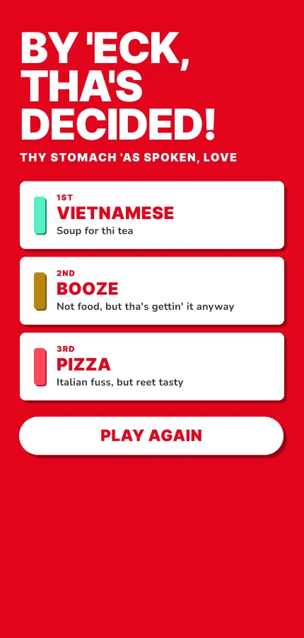 The verdict showing Vietnamese, Booze and Pizza in first to third place and a Play again button
