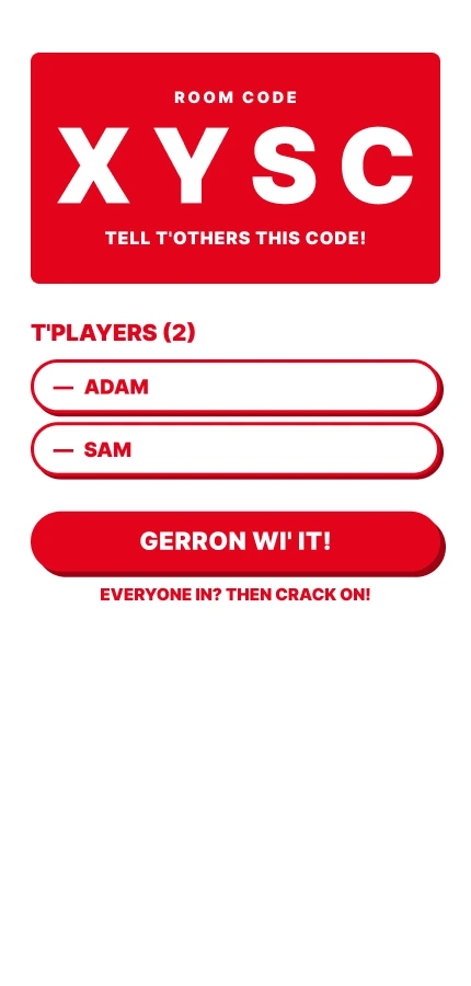 Room lobby showing the room code XYSC and a list of two players, Adam and Sam, with a Gerron wi’ it button