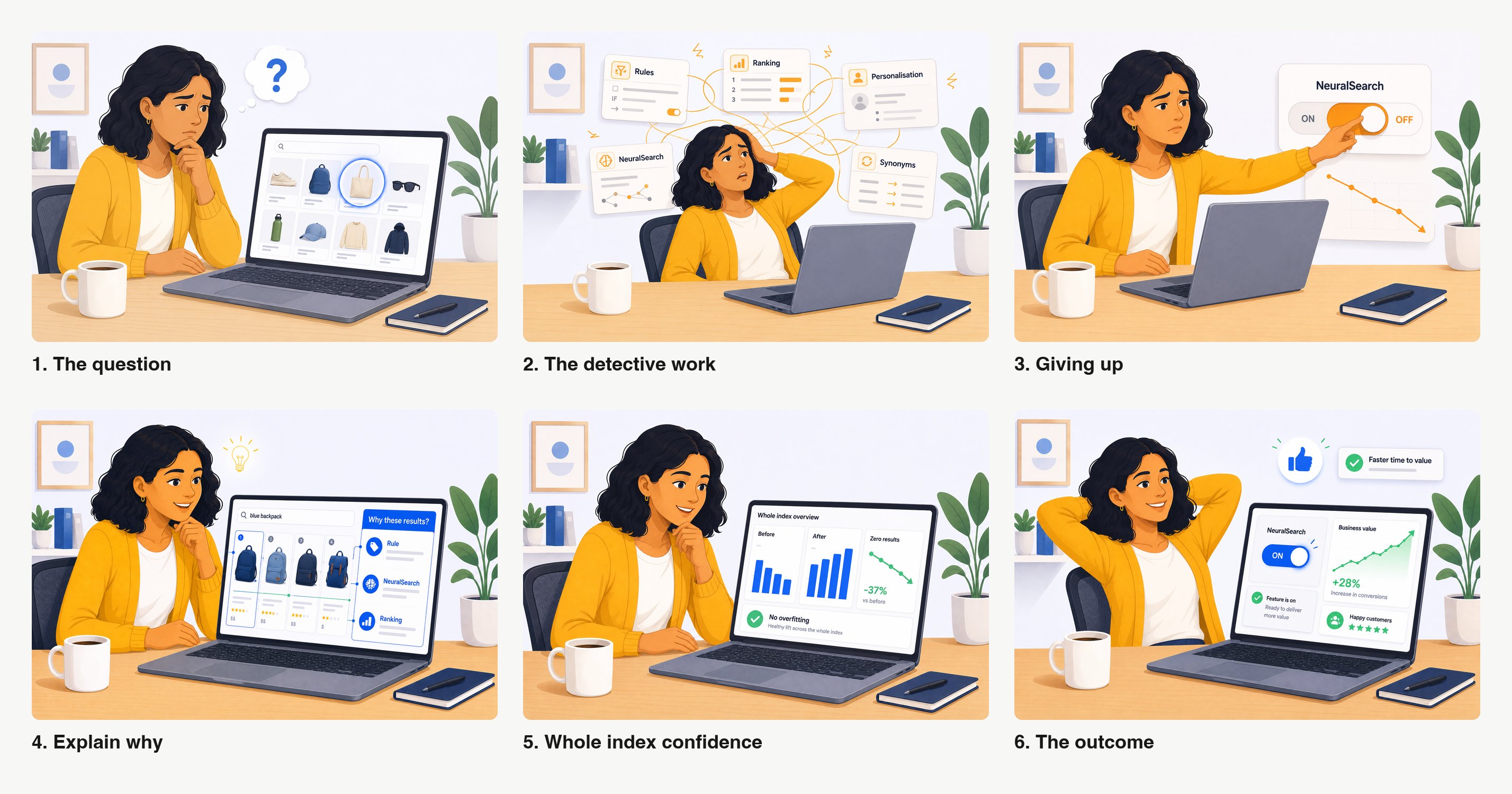 A six frame storyboard of a merchandiser. She wonders why a result is where it is, is overwhelmed by rules, ranking, personalisation, synonyms and NeuralSearch, switches NeuralSearch off, sees a why these results panel, sees a whole index before and after view, then relaxes with the feature back on.
