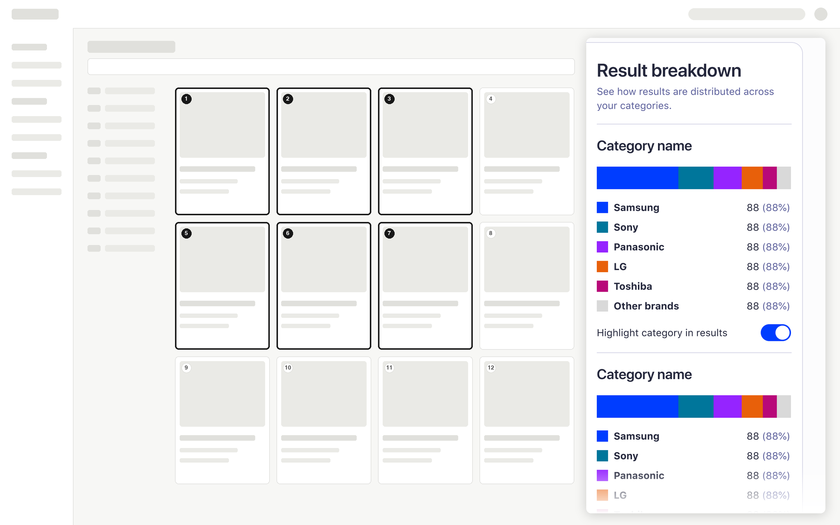 A wireframe of the dashboard with several result cards outlined and a result breakdown panel on the right showing how results split across a category, with a highlight toggle switched on.