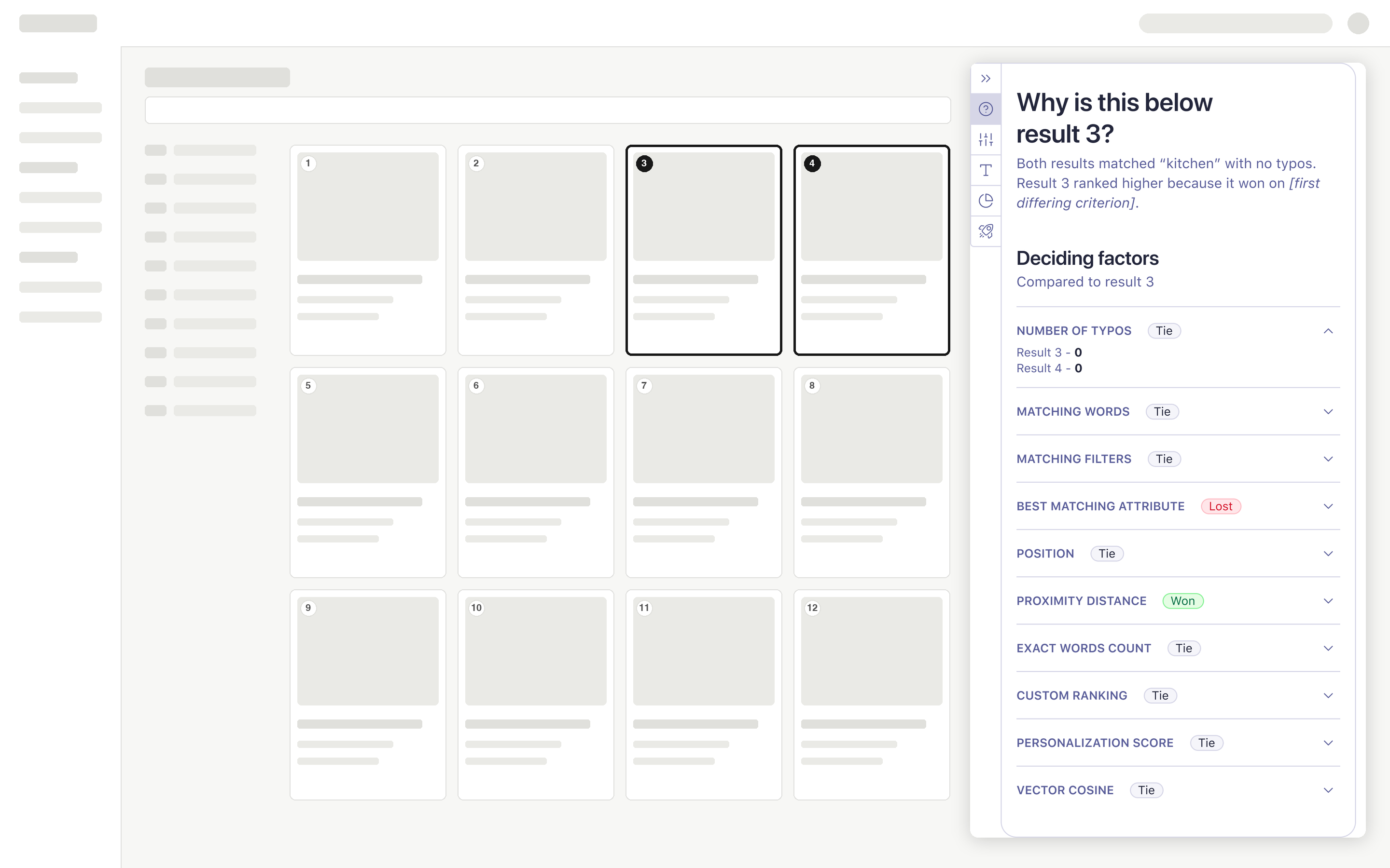 A wireframe of the dashboard with results three and four outlined and an explanation panel on the right titled why is this below result 3, listing deciding factors each marked tie, won or lost.