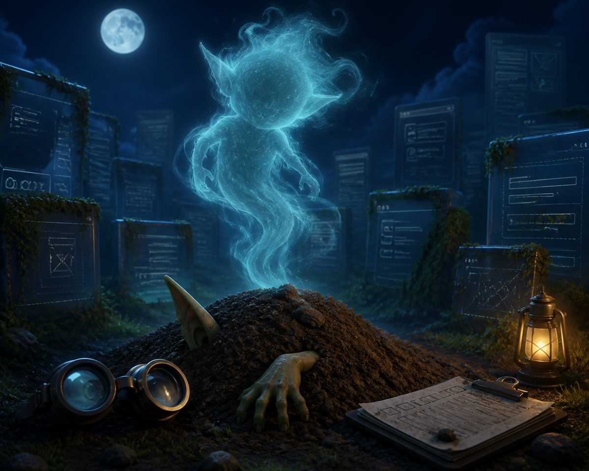 A cartoon illustration of a ghostly goblin rising from a mound of earth at night, surrounded by old interface screens like gravestones, with its goggles and clipboard left behind.